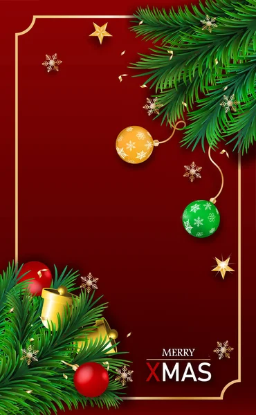 Merry Christmas and Happy New Year. Xmas decorative design elements on red background. Horizontal Christmas posters, greeting cards. Objects viewed from above.