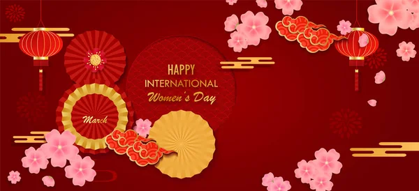 International Women Day Banner Paper Cut Follower Asian Element Style — Stock Vector