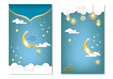 Ramazan Kareem, altın ve gökyüzü mavisi arka planda İslami fenerler, yıldızlar ve ay kesen posterler ya da davetiye tasarım kağıtları hazırladı. Vektör illüstrasyonu.