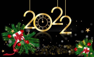 Mutlu yıllar 2022 Yeni Yıl Altın saatli ve yıldızlı parlak arka plan.