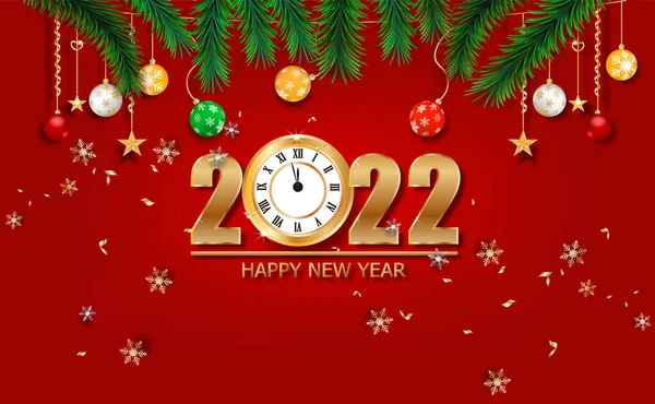 2022ベクトルイラストのテキストとクリスマスボールのための赤い背景色の場所に金時計と幸せな新年 — ストックベクタ