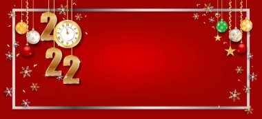 Yeni yılınız kutlu olsun. Altın ve kırmızı renkler. İçinde 2022 numaralı vektör illüstrasyonunun noel topları var..