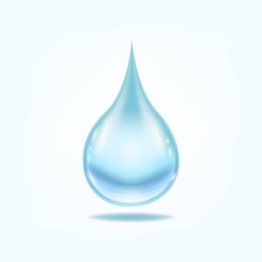 Su sıçramaları, mavi sıvı mineral su damlası. Şeffaf vektör su sıçraması ve ışık arkaplanındaki su damlası.