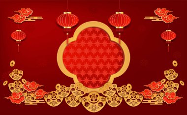 Kırmızı zemin üzerinde zanaat stili olan Asyalı ögeler kartpostal deseni.