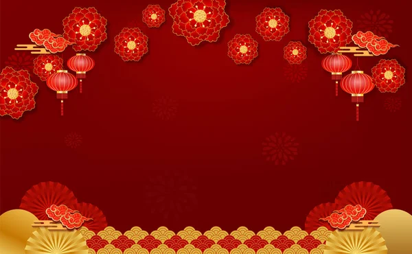 背景质感为亚洲元素 具有工艺风格的花朵和红色背景的矢量灯 明信片壁纸 — 图库矢量图片