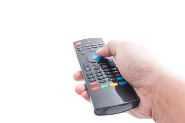 Finger will push ok button on remote control and point forward — Stock Photo, Image