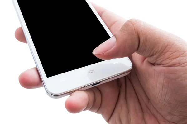 Mano sosteniendo blanco teléfono inteligente pantalla en blanco sobre fondo blanco — Foto de Stock