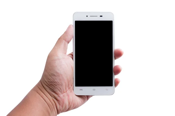 Mano sosteniendo blanco teléfono inteligente pantalla en blanco sobre fondo blanco Fotos de stock libres de derechos