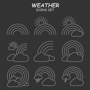 Siyah arkaplanda ince hava çizgisi simgeleri oluşturuldu. Gökkuşağı ana sembol. 
