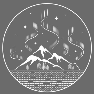 Basit çizgili sanat manzarası. Dağlar ve gece su dalgaları. Kuzey ışıkları daire şeklinde.