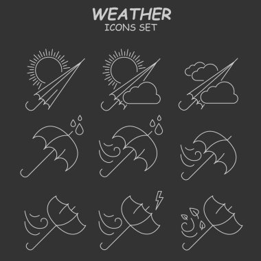 Siyah arkaplanda ince hava çizgisi simgeleri oluşturuldu. Ana sembol olarak şemsiye. 