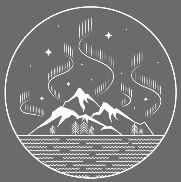 Basit çizgili sanat manzarası. Dağlar ve gece su dalgaları. Kuzey ışıkları daire şeklinde.