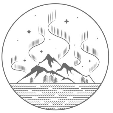 Basit çizgili sanat manzarası. Dağlar ve gece su dalgaları. Kuzey ışıkları daire şeklinde.