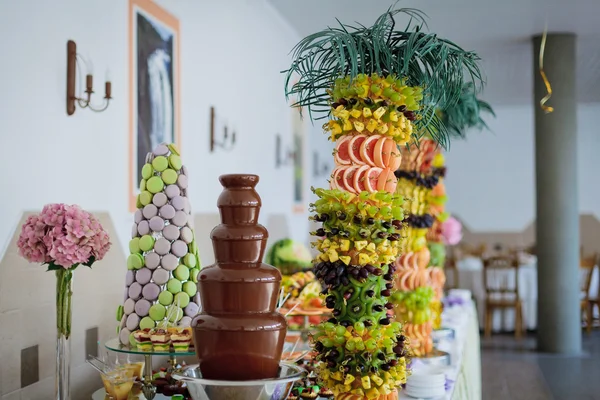 Fonte de chocolate e palmeira de frutas — Fotografia de Stock