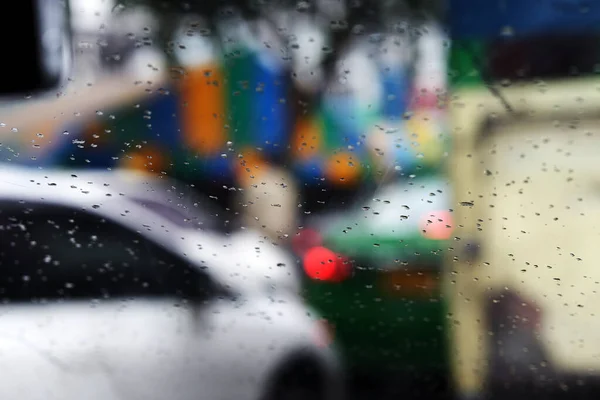 city rain drop on windshield of car