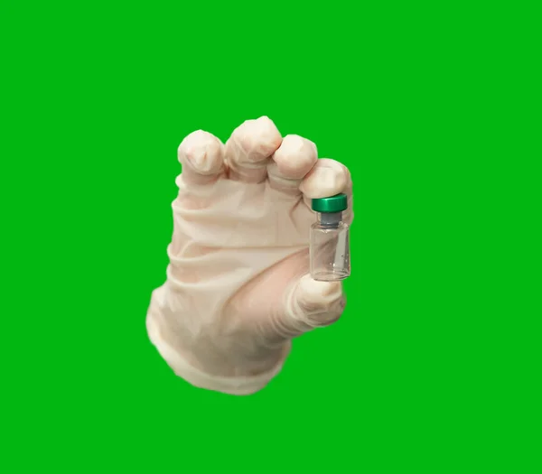 Hand Glove Hold Empty Vial Isolated Green Background — Stock Photo, Image