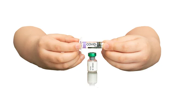 Vacuna Con Jeringa Covid Para Manos Niño Vial Aislado Blanco — Foto de Stock
