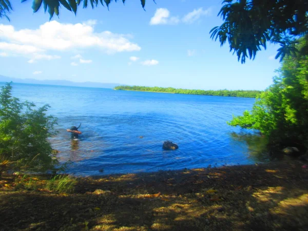 Hinter Dem Schattigen Strand Das Ruhige Blaue Meer Einer Bucht — Stockfoto