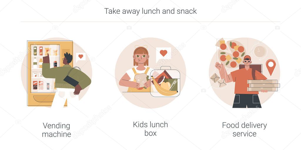 Take away lunch and snack abstract concept vector illustrations.