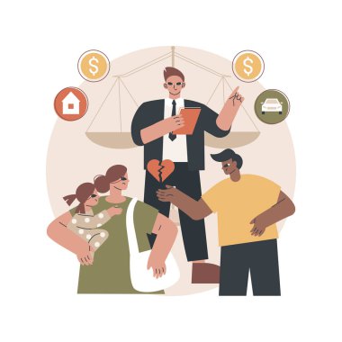 Evlilik hukuku soyut konsept vektör çizimi. Aile hukuku, evlilik mülkü, çocuk velayeti, boşanma kararı, adalet terazisi, imza belgesi, hakimler tokmak, soyut metafor.