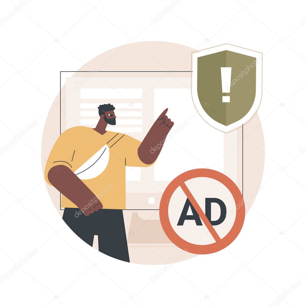 Ad blocking software abstract concept vector illustration. Removing online advertising, ad filtering tools, internet browser extension, plug-ins and applications, targeting URL abstract metaphor.