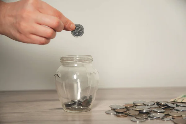 Woman Hand Holding Piggy Bank Coin Desk — Stock Photo, Image