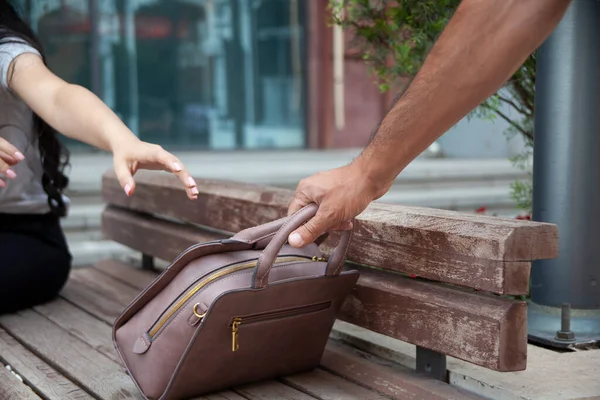 Hombre Robar Bolsa Bolsa Las Hembras Dama Ladrona Callejera Imagen De Stock