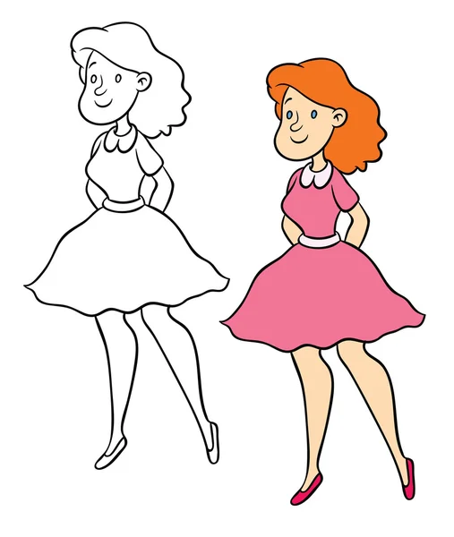 Bonita chica con pelo rojo en vestido rosa — Vector de stock