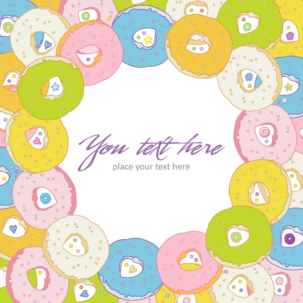 Süße Einladungskarte mit bunten Donuts — Stockvektor