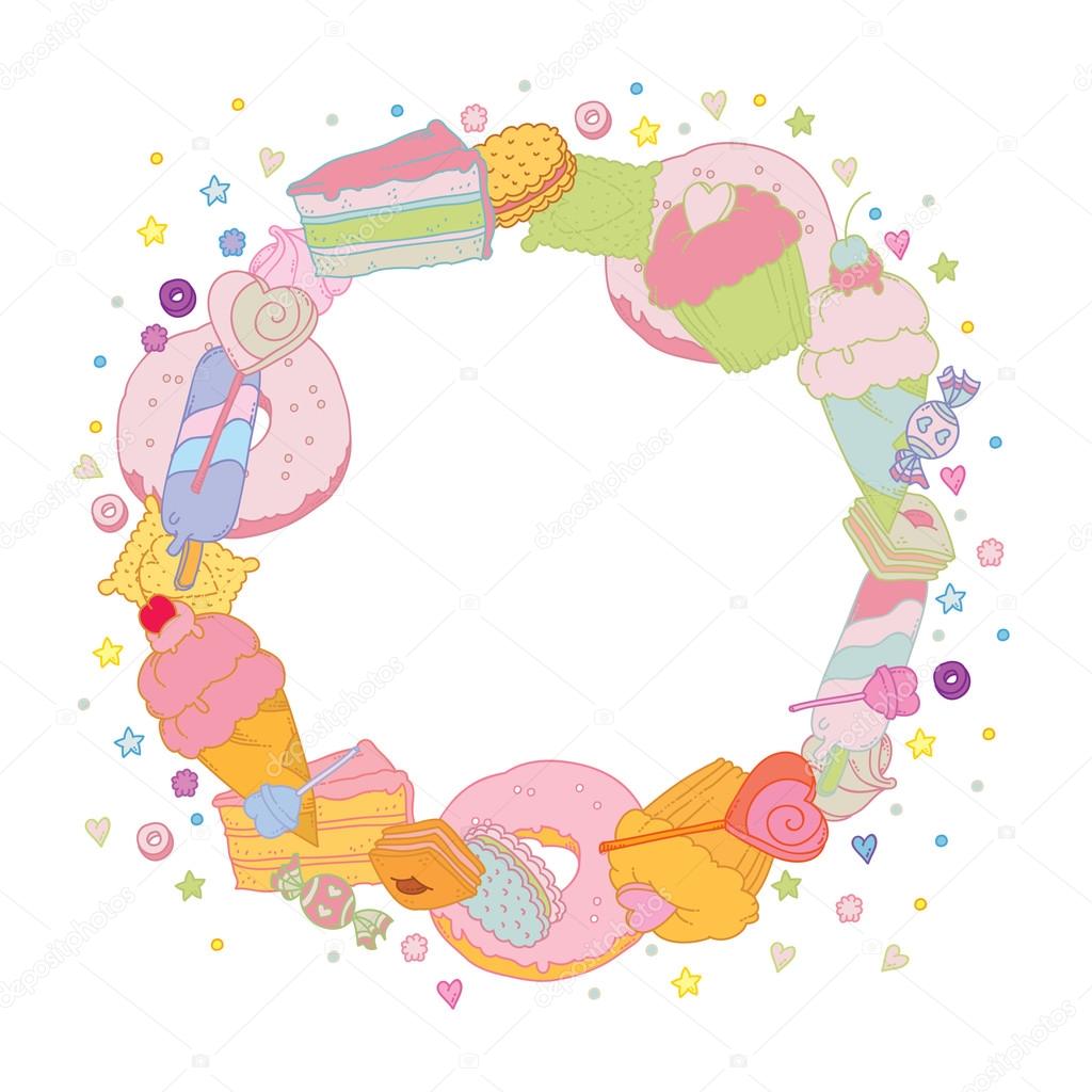 Sweet Round Frame with colorful muffin candies cookies