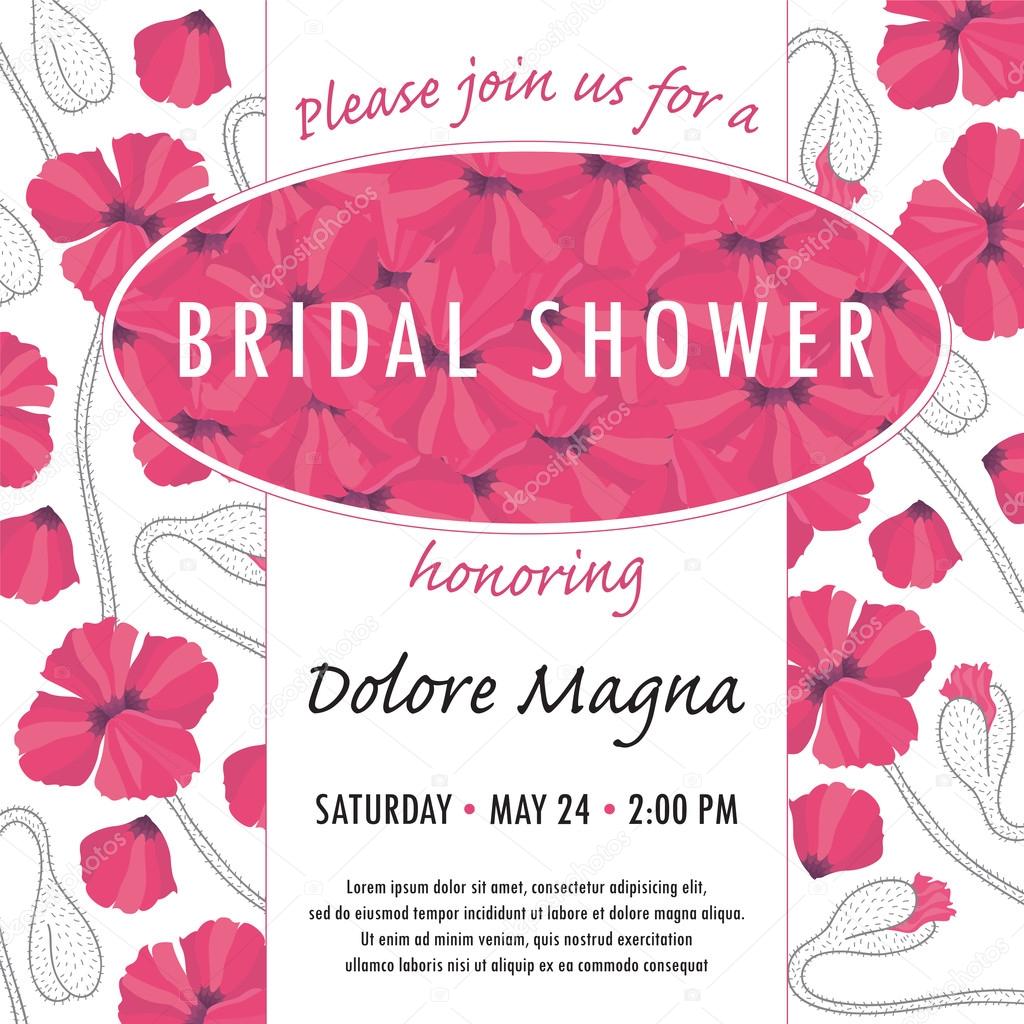 Bridal shower invitation template with delicate poppy buds and flowers vector