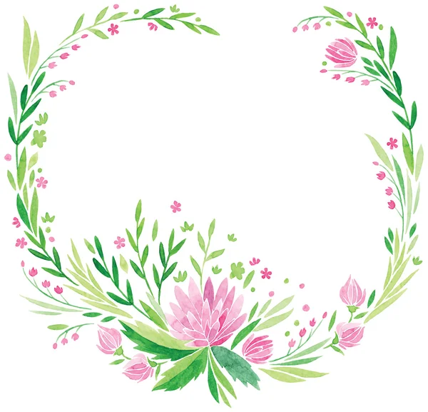 Pink flowers and fresh green leaves vector watercolor hand drawing frame or border — Stock Vector