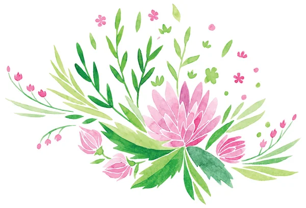 ดอกไม้สีชมพูและใบสีเขียวสด ภาพวาดด้วยมือสีน้ําเวกเตอร์ — ภาพเวกเตอร์สต็อก