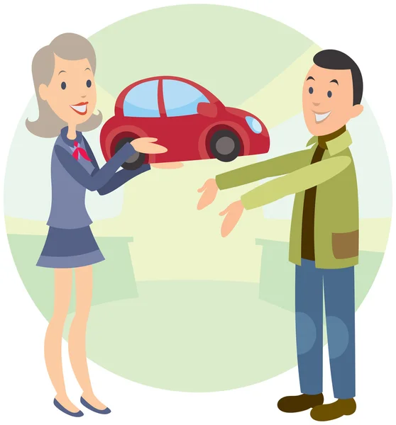 Joyful woman gives man car — Stock Vector