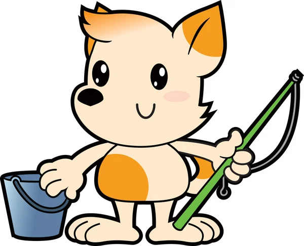 Series cartoon little dog holding fishing rod and bucket — Stock Vector