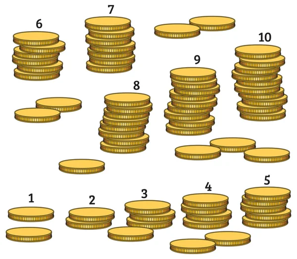 Group stacks of coins from 1 to 10 — Stock Vector