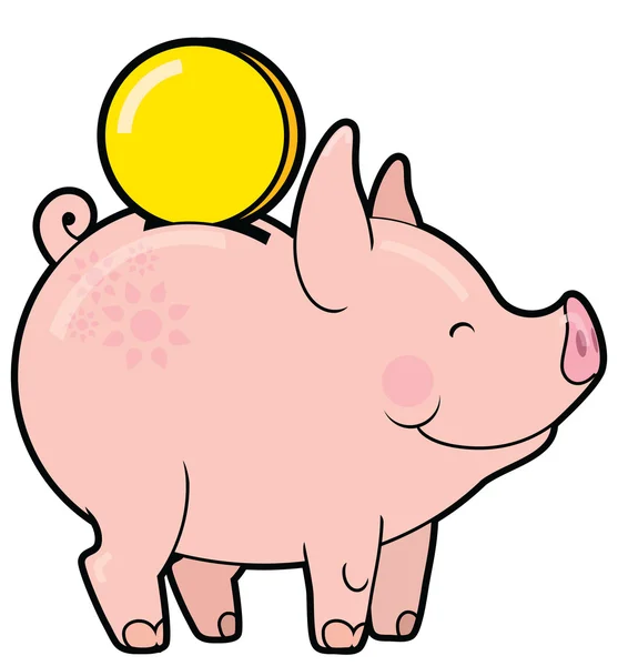 Cartoon cute piggy bank with golden coin vector — Stock Vector