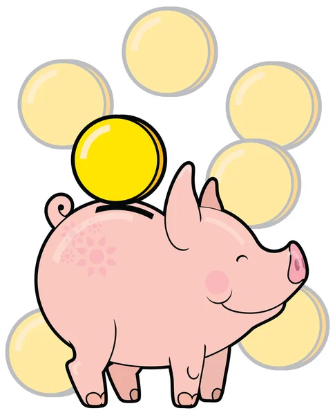 Cartoon cute piggy bank with golden coin vector — Stock Vector