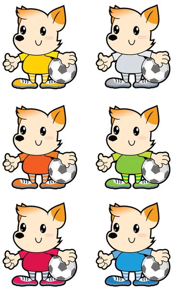 Pequeño perro multicolor uniforme de fútbol con pelota de fútbol azul verde rojo naranja amarillo blanco — Vector de stock