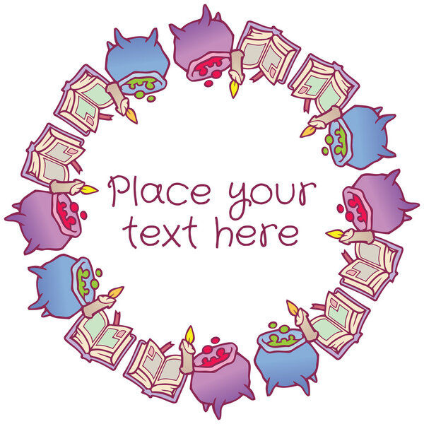 Круглый векторный кадр магический горшок и книги с заклинаниями
