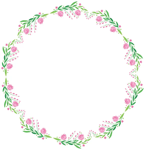 Watercolor vector round frame - big pink flower with leaves — Stock Vector