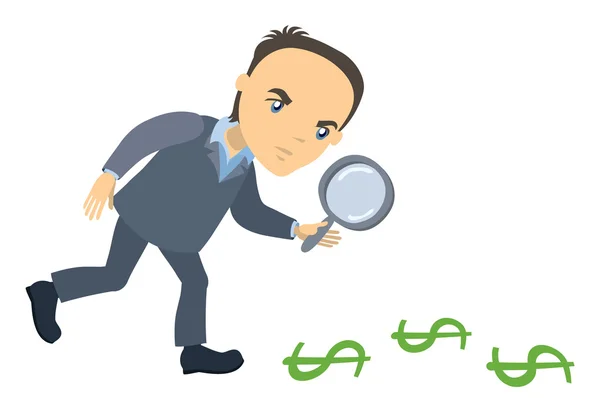 Businessman with magnifying glass looking for money — Stock Vector