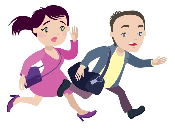 Man and woman are running late for your own transport — Stock Vector