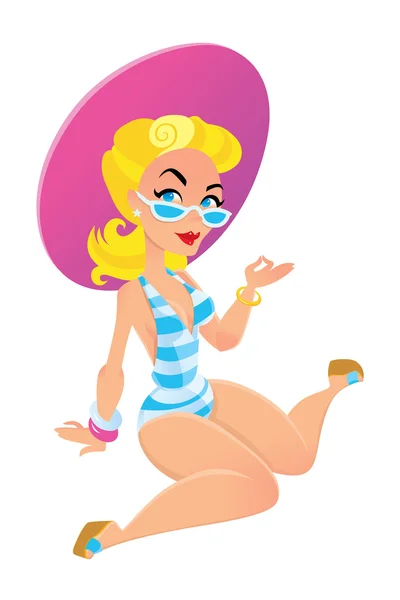 Chica glamorosa en traje de baño a la antigua y gran sombrero en la playa — Vector de stock