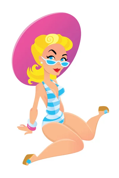 Chica glamorosa en traje de baño a la antigua y gran sombrero en la playa — Vector de stock