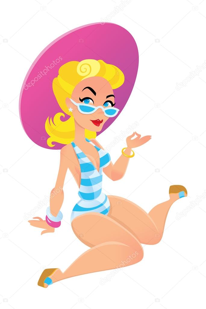 glamorous girl in old-fashioned swimsuit and big hat on the beach