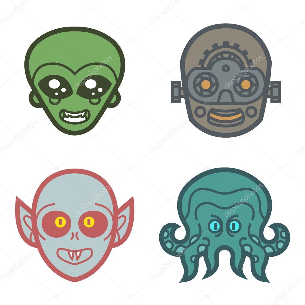 Vampire ghoul Alien extraterrestrial robot cyborg monsters cute eyes smile face vector halloween mask tattoo icons logos