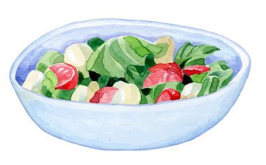 el yapımı kaseyle parlak renkli salata - suluboya vektör çizim