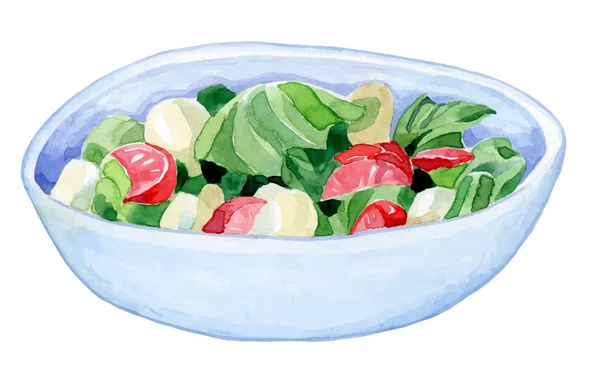 Cuenco hecho a mano brillante con una ensalada de colores dibujo vector acuarela — Archivo Imágenes Vectoriales