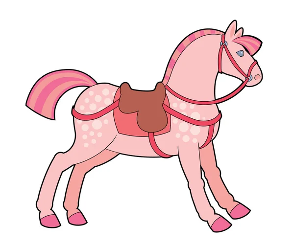 Caballo de juguete rosa con silla de montar y arnés — Vector de stock